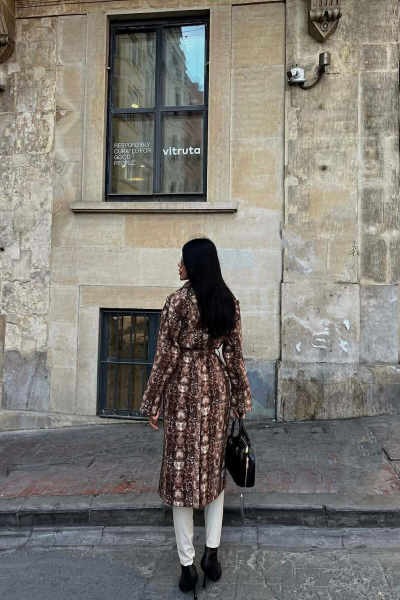 SNAKE DESIGN BELT DETAIL WOMEN TRENCH COAT BROWN/KAFE - 3