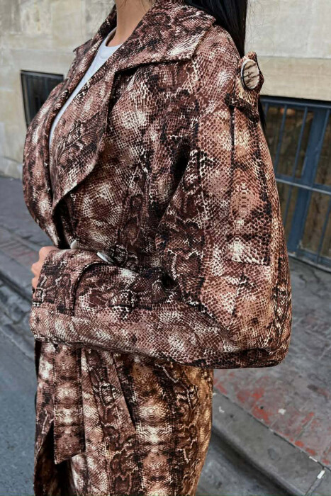 SNAKE DESIGN BELT DETAIL WOMEN TRENCH COAT BROWN/KAFE - 4