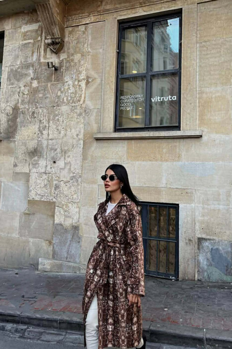 SNAKE DESIGN BELT DETAIL WOMEN TRENCH COAT BROWN/KAFE - 5