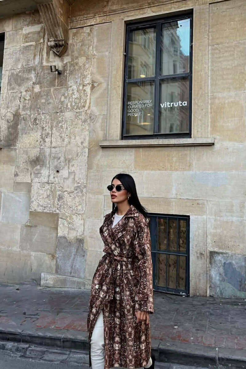 SNAKE DESIGN BELT DETAIL WOMEN TRENCH COAT BROWN/KAFE - 5