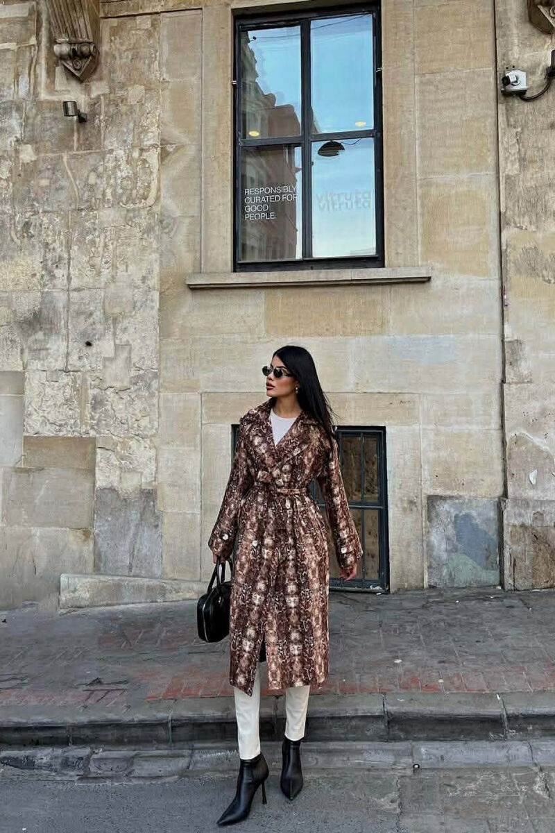 SNAKE DESIGN BELT DETAIL WOMEN TRENCH COAT BROWN/KAFE - 6