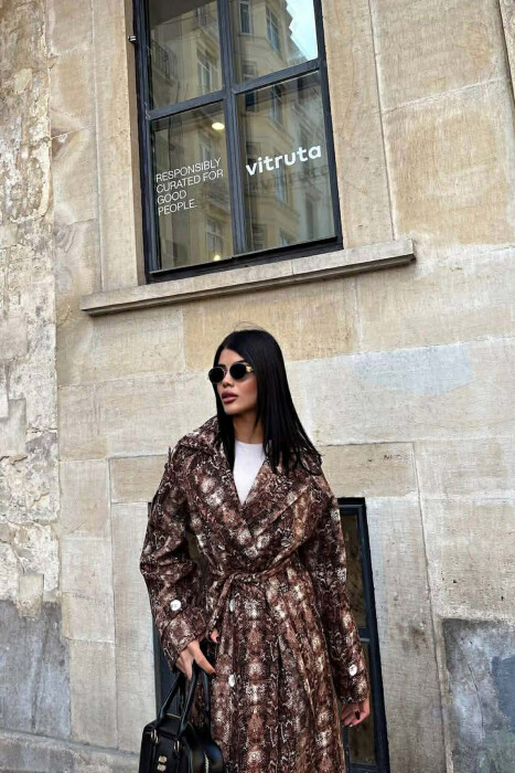 SNAKE DESIGN BELT DETAIL WOMEN TRENCH COAT BROWN/KAFE - 7