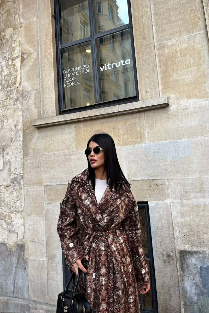 SNAKE DESIGN BELT DETAIL WOMEN TRENCH COAT BROWN/KAFE - 7