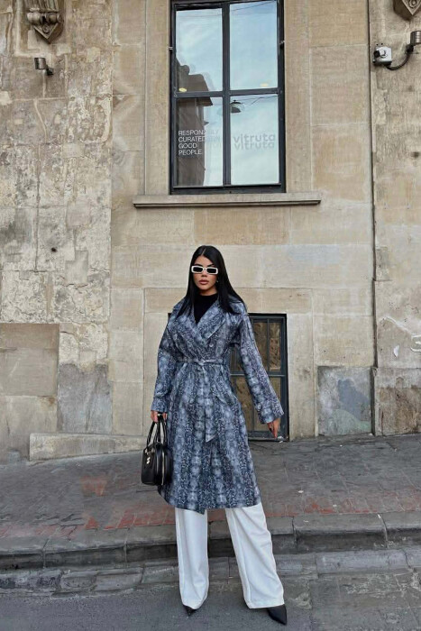 SNAKE DESIGN BELT DETAIL WOMEN TRENCH COAT GREY/GRI 