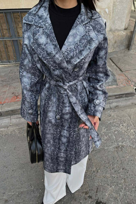SNAKE DESIGN BELT DETAIL WOMEN TRENCH COAT GREY/GRI - 4