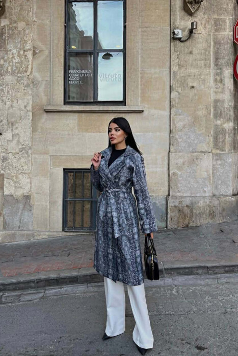 SNAKE DESIGN BELT DETAIL WOMEN TRENCH COAT GREY/GRI - 5