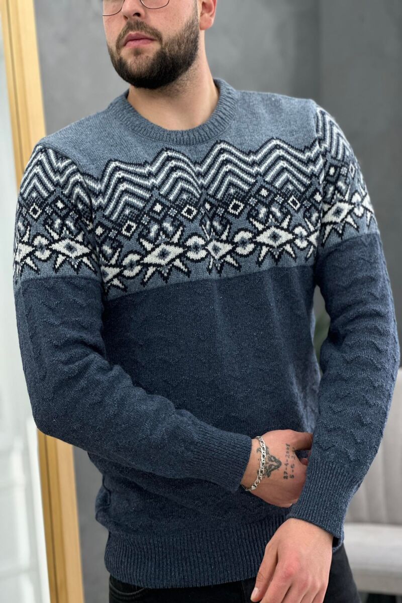 SNOWFLAKE DESIGN TWO COLORS MAN SWEATER DARK BLUE/BEE - 2