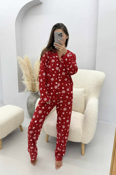 PIZHAMA ME DIZAJN FLOKËBORE BLUZË+PANTALLONA PËR FEMRA NË NGJYRË TË KUQE - KLAUDIO FASHION