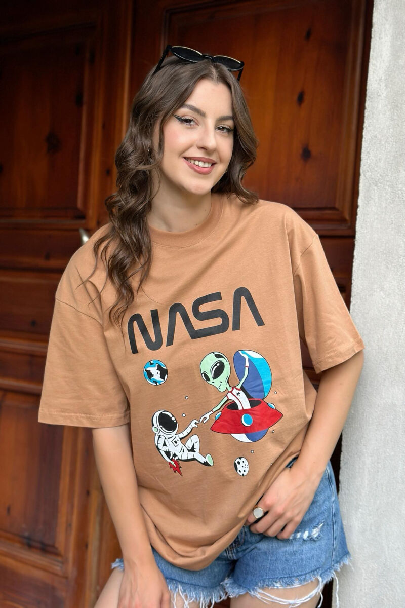 SPACE DESIGN COTTON WOMEN T-SHIRT BROWN/KAFE - 1