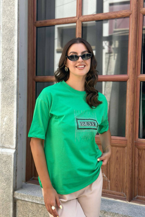 SPARKLING FRONT DESIGN WOMEN T-SHIRT GREEN/JESHILE - 3