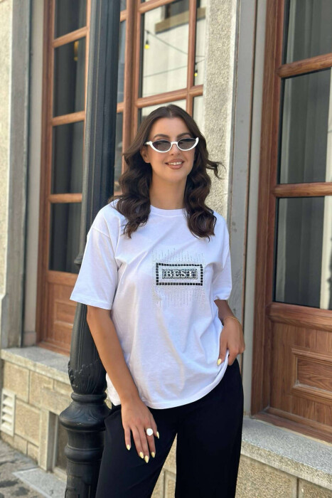 SPARKLING FRONT DESIGN WOMEN T-SHIRT WHITE-E BARDHE 