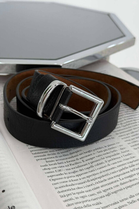 SQUARE BUCKLE ONE COLOR LEATHER WOMEN BELT BLACK+SILVER/ZEZE+ARGJEND - KLAUDIO FASHION