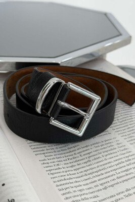 SQUARE BUCKLE ONE COLOR LEATHER WOMEN BELT BLACK+SILVER/ZEZE+ARGJEND 