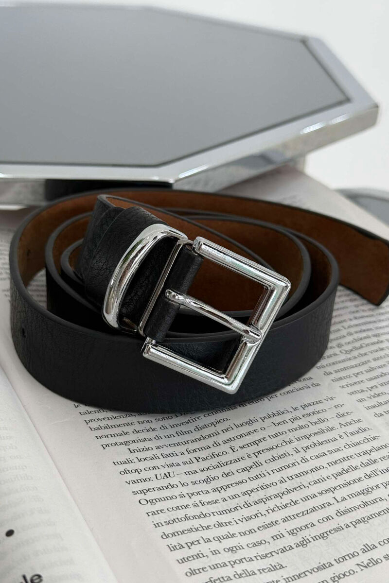 SQUARE BUCKLE ONE COLOR LEATHER WOMEN BELT BLACK+SILVER/ZEZE+ARGJEND - 1