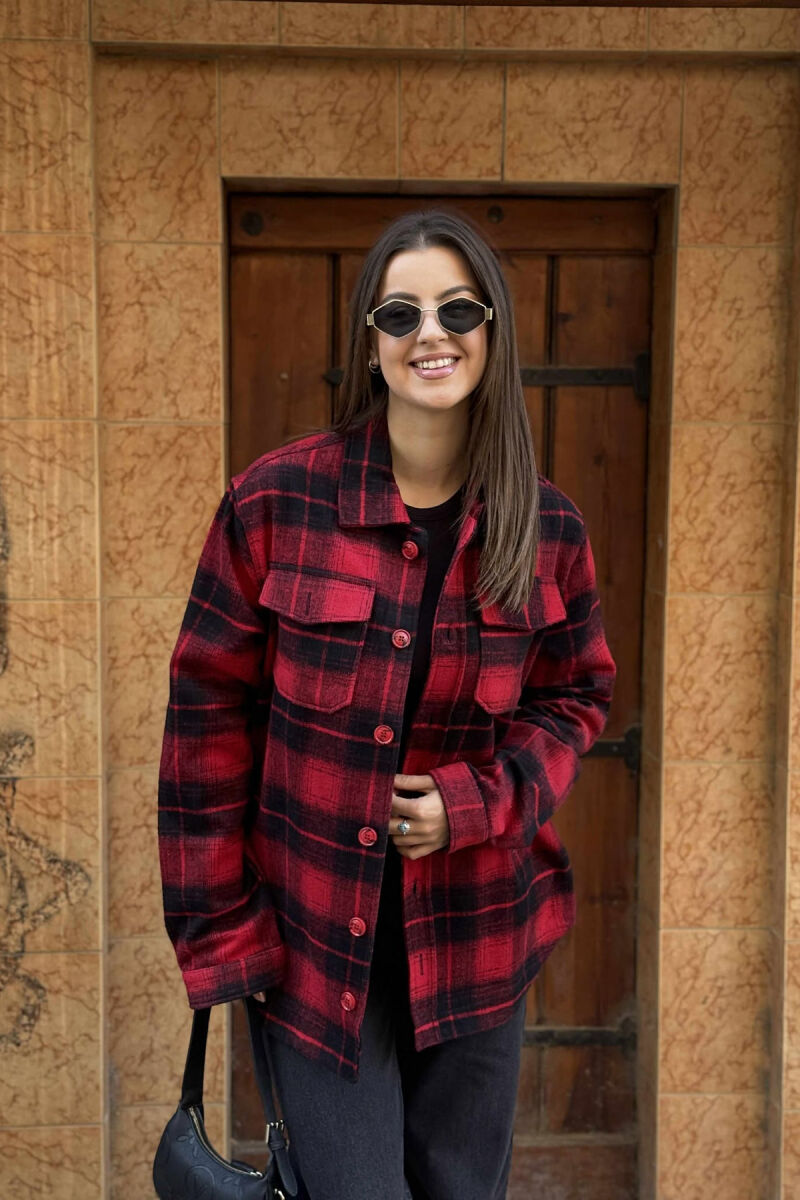 SQUARE DESIGN BUTTONED SIMPLE WOMEN JACKET RED/E KUQE - 3