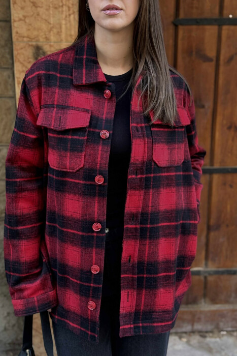 SQUARE DESIGN BUTTONED SIMPLE WOMEN JACKET RED/E KUQE - 5