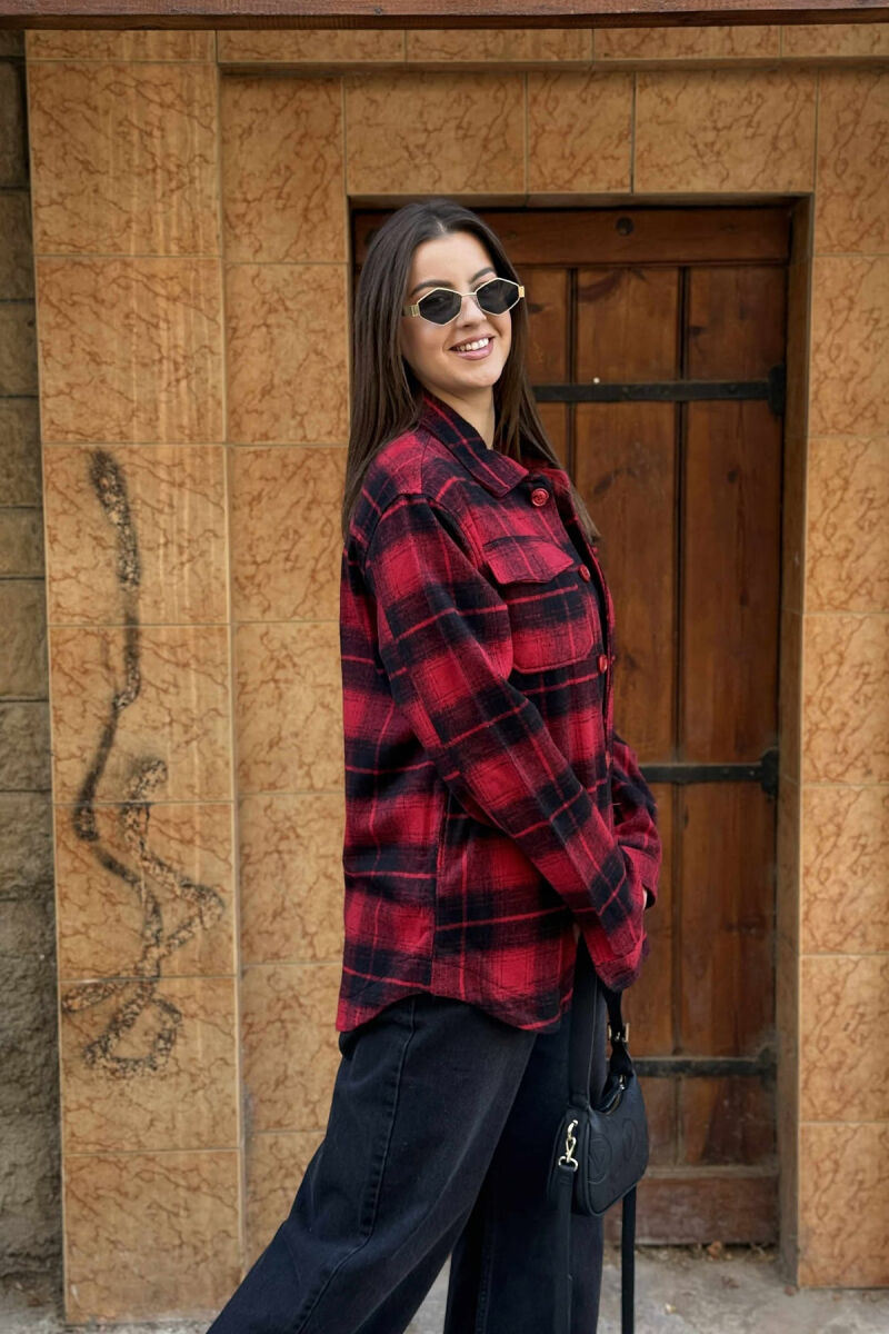 SQUARE DESIGN BUTTONED SIMPLE WOMEN JACKET RED/E KUQE - 2