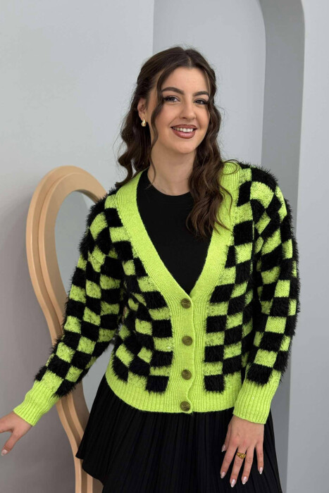 SQUARE DESIGN KNITTED WOMEN CARDIGAN LIGHT GREEN/JEZB 