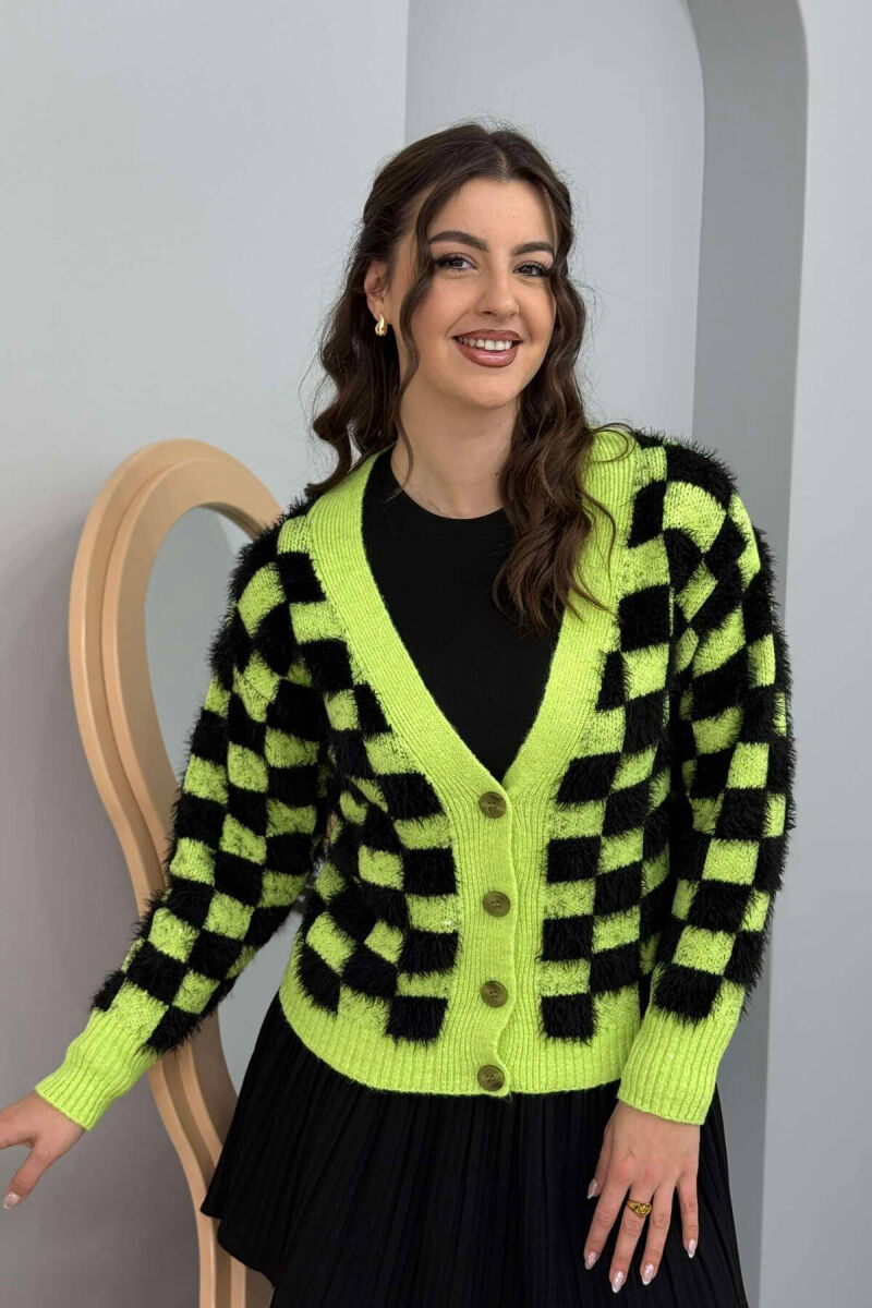 SQUARE DESIGN KNITTED WOMEN CARDIGAN LIGHT GREEN/JEZB - 1