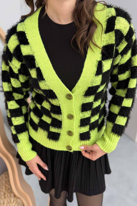 SQUARE DESIGN KNITTED WOMEN CARDIGAN LIGHT GREEN/JEZB - 2