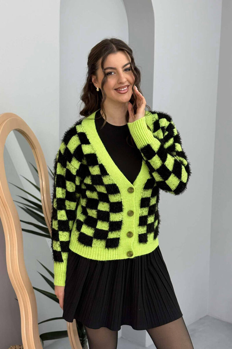 SQUARE DESIGN KNITTED WOMEN CARDIGAN LIGHT GREEN/JEZB - 5