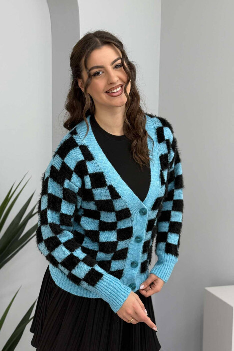 SQUARE DESIGN KNITTED WOMEN CARDIGAN LIGHTBLUE/BZ - 1
