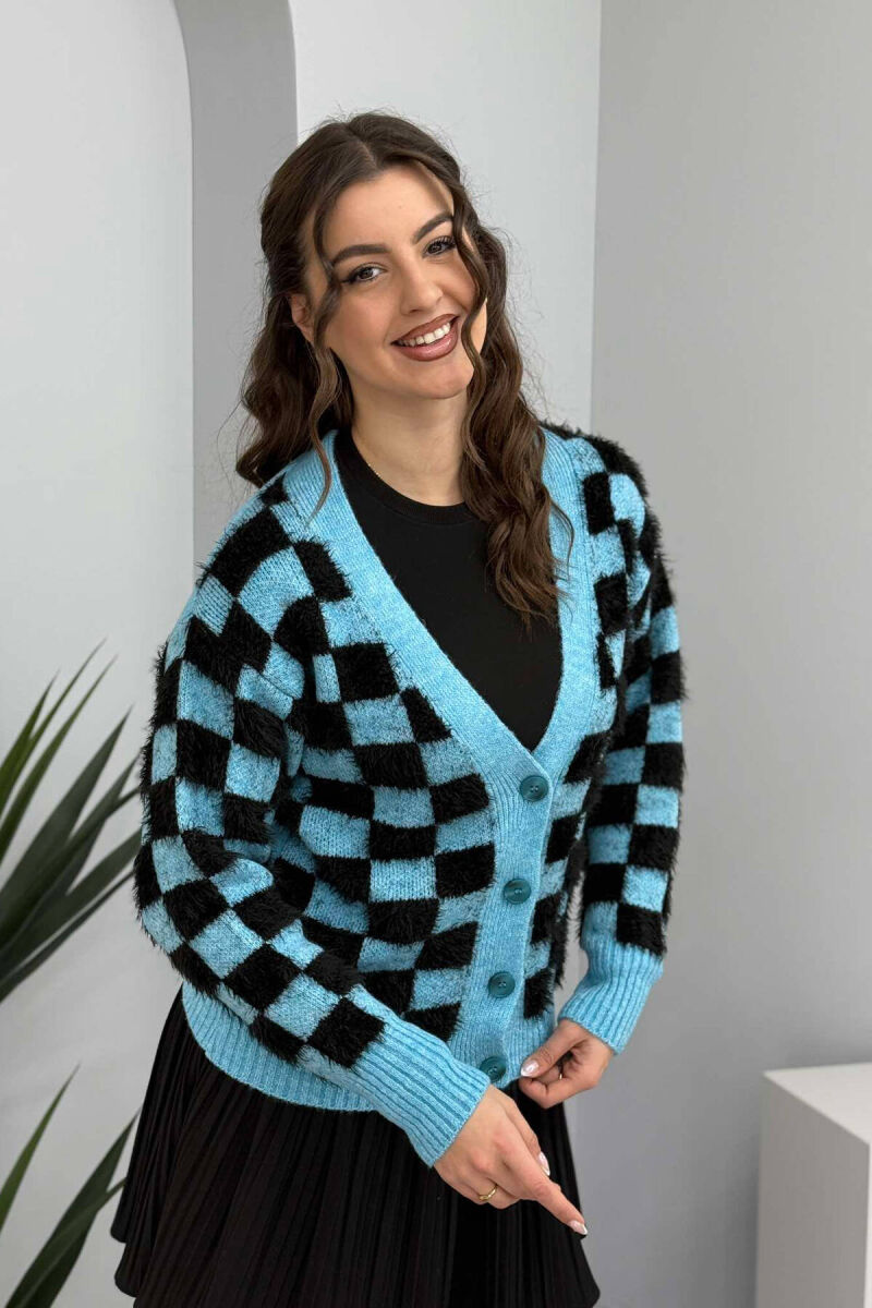 SQUARE DESIGN KNITTED WOMEN CARDIGAN LIGHTBLUE/BZ - 1