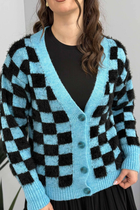 SQUARE DESIGN KNITTED WOMEN CARDIGAN LIGHTBLUE/BZ - 2