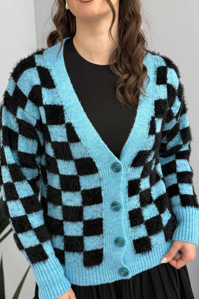 SQUARE DESIGN KNITTED WOMEN CARDIGAN LIGHTBLUE/BZ - 2