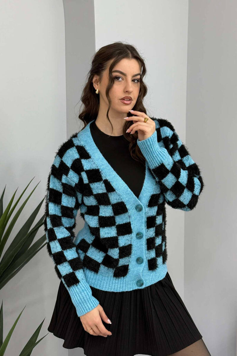 SQUARE DESIGN KNITTED WOMEN CARDIGAN LIGHTBLUE/BZ - 3