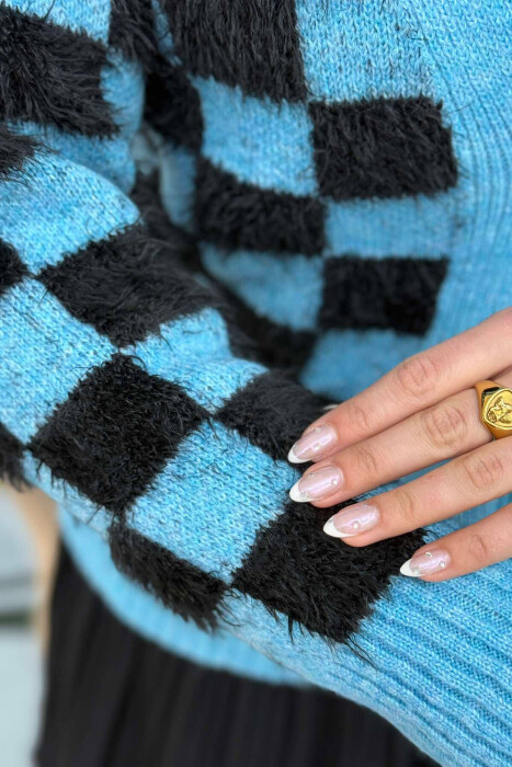 SQUARE DESIGN KNITTED WOMEN CARDIGAN LIGHTBLUE/BZ - 4