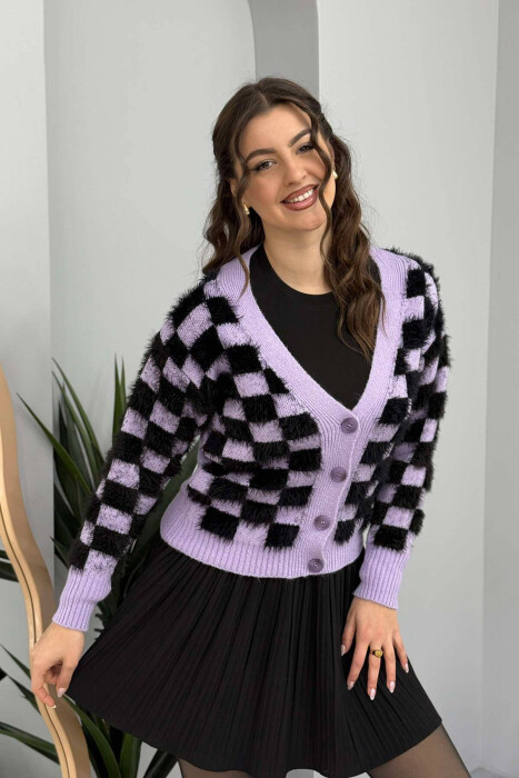 SQUARE DESIGN KNITTED WOMEN CARDIGAN PURPLE/LEJLA 