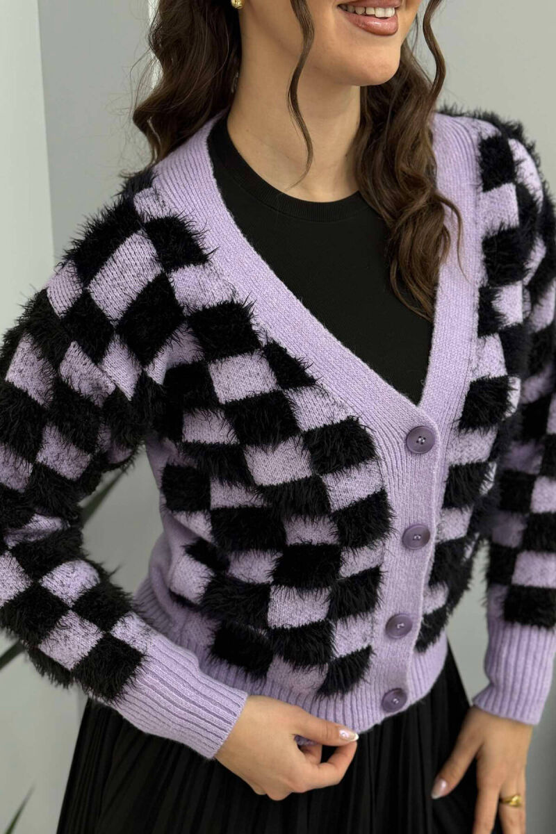 SQUARE DESIGN KNITTED WOMEN CARDIGAN PURPLE/LEJLA - 3