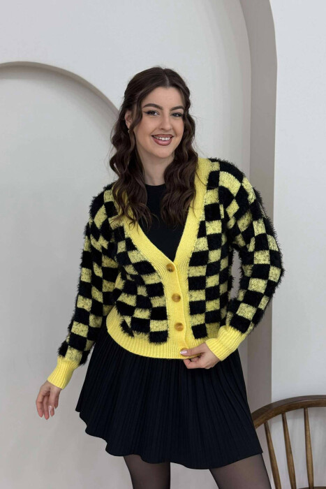 SQUARE DESIGN KNITTED WOMEN CARDIGAN YELLOW/E VERDHE 