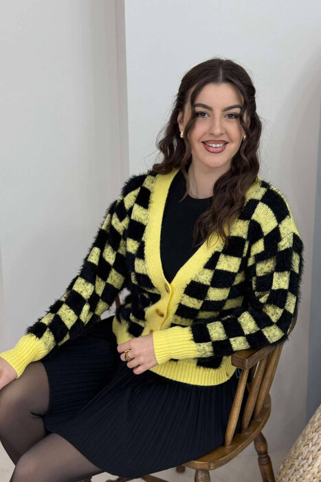 SQUARE DESIGN KNITTED WOMEN CARDIGAN YELLOW/E VERDHE - 5
