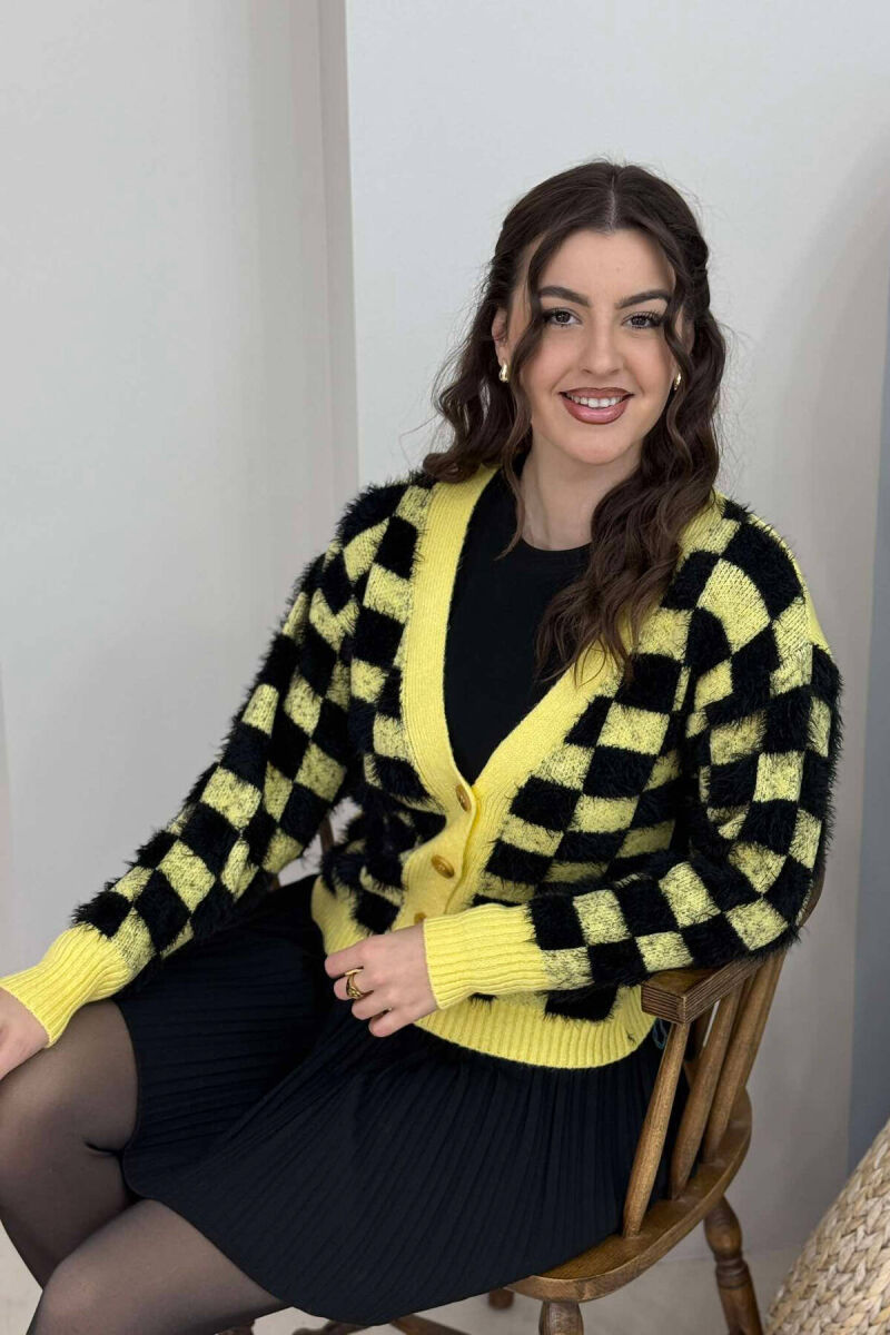 SQUARE DESIGN KNITTED WOMEN CARDIGAN YELLOW/E VERDHE - 5
