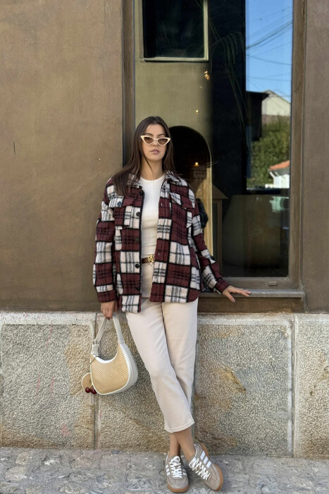 SQUARE DESIGN WARM BUTTONED WOMEN JACKET BROWN/KAFE 