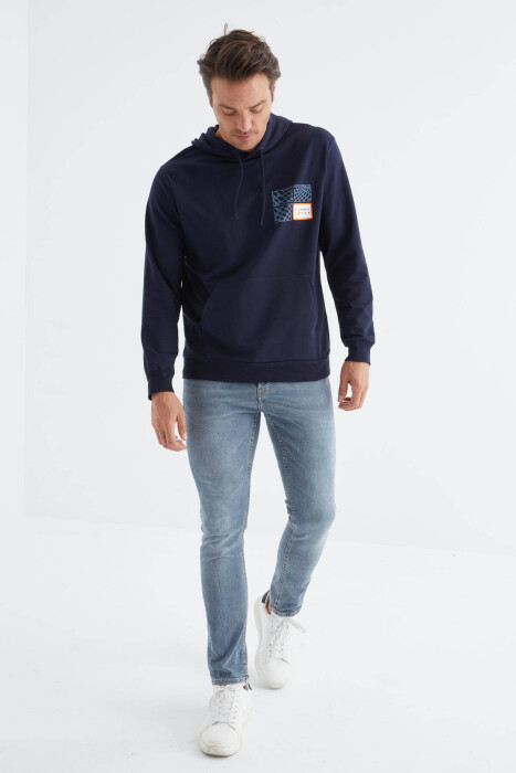 COTTON WRITTINGS MEN HOODIE IN BLUE COLOR 