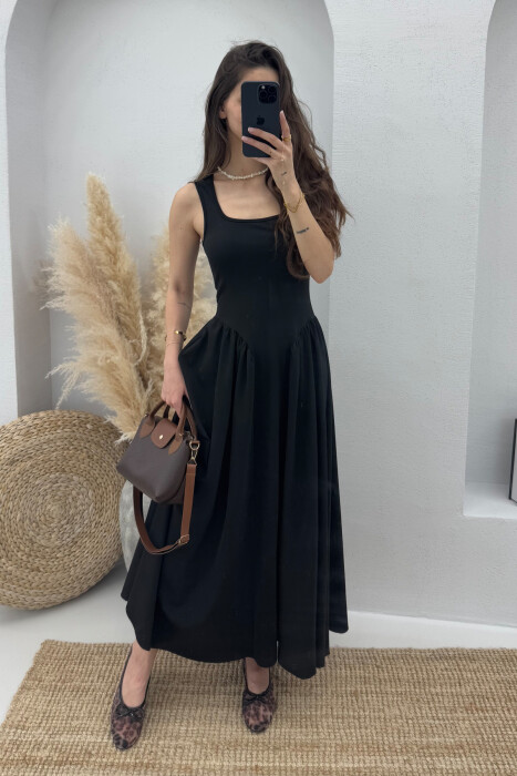 SQUARE NECK LONG ELASTIC WOMEN DRESS BLACK/ E ZEZE - 2