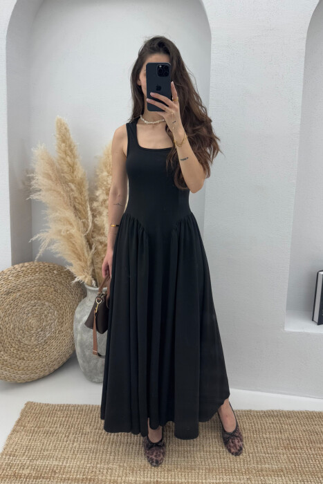 SQUARE NECK LONG ELASTIC WOMEN DRESS BLACK/ E ZEZE 