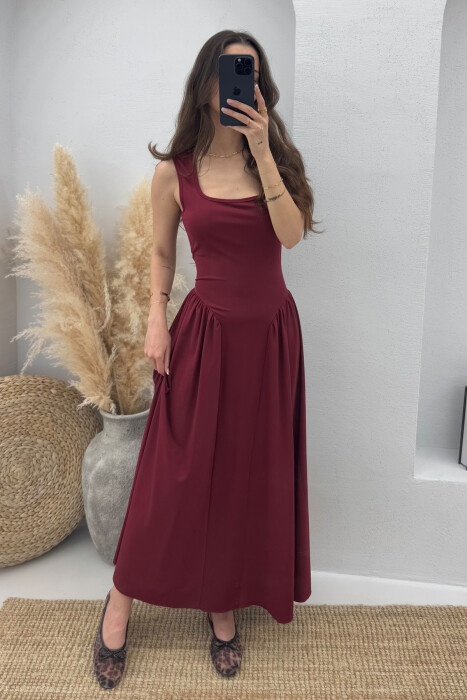 SQUARE NECK LONG ELASTIC WOMEN DRESS BURGUNDY/VISHNJE 