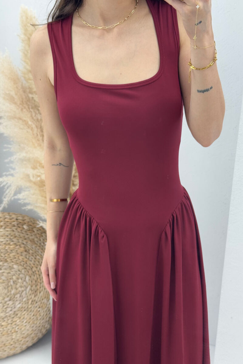 SQUARE NECK LONG ELASTIC WOMEN DRESS BURGUNDY/VISHNJE - 2