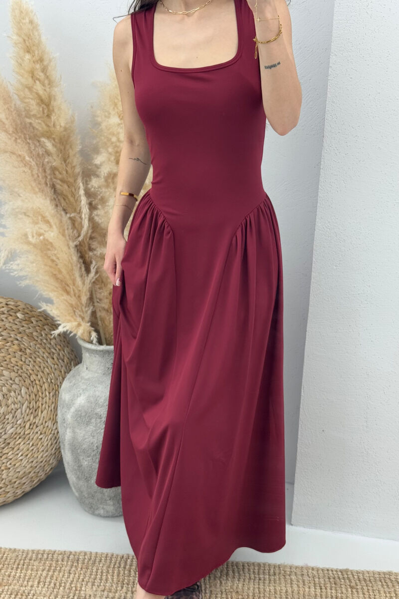 SQUARE NECK LONG ELASTIC WOMEN DRESS BURGUNDY/VISHNJE - 3