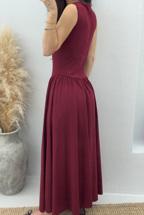 SQUARE NECK LONG ELASTIC WOMEN DRESS BURGUNDY/VISHNJE - 4