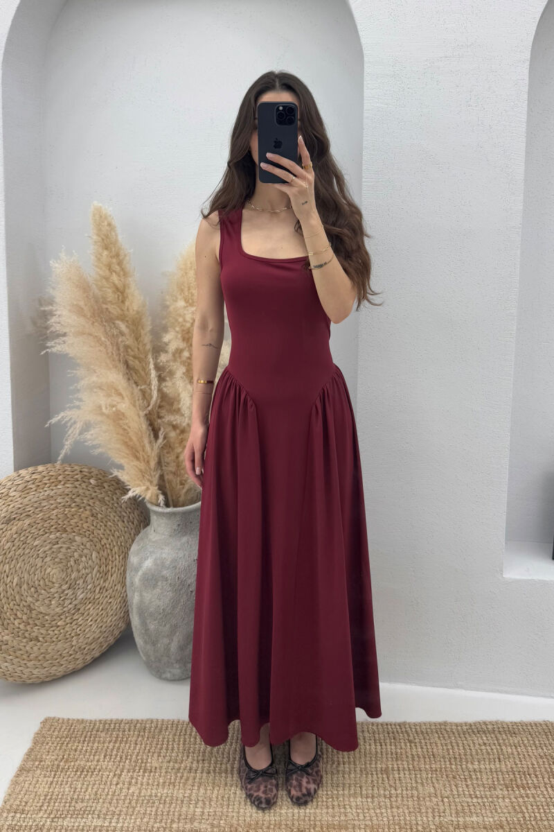 SQUARE NECK LONG ELASTIC WOMEN DRESS BURGUNDY/VISHNJE - 5