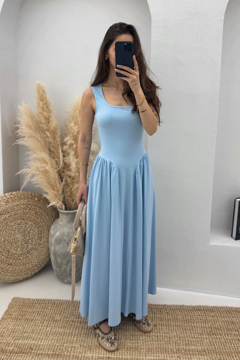 SQUARE NECK LONG ELASTIC WOMEN DRESS LIGHTBLUE/BZ - 1
