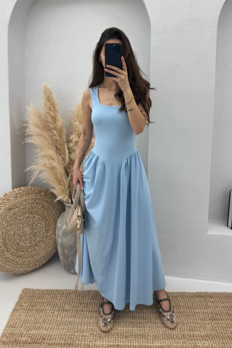 SQUARE NECK LONG ELASTIC WOMEN DRESS LIGHTBLUE/BZ - 2