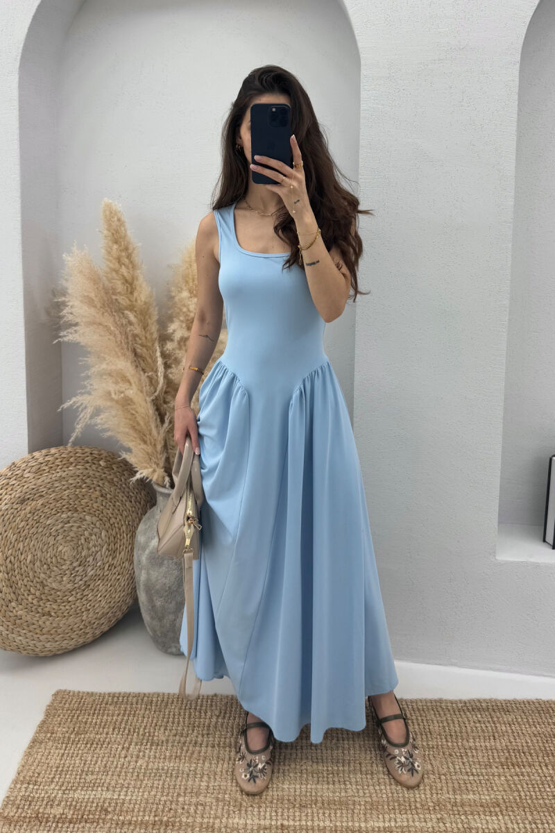 SQUARE NECK LONG ELASTIC WOMEN DRESS LIGHTBLUE/BZ - 2