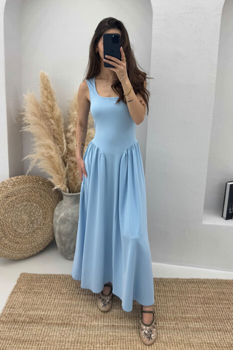 SQUARE NECK LONG ELASTIC WOMEN DRESS LIGHTBLUE/BZ - 3
