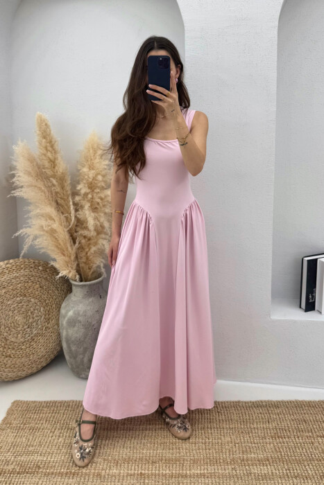 SQUARE NECK LONG ELASTIC WOMEN DRESS PINK/ROZE 